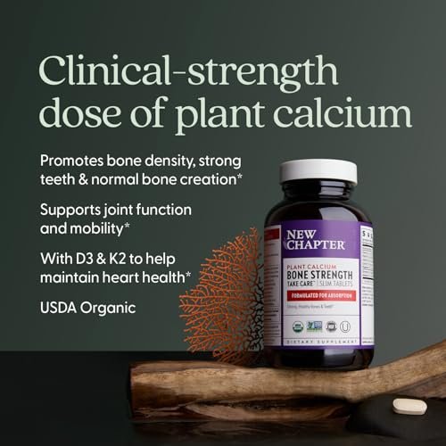 New Chapter Calcium Supplement – Knochenstärke auf pflanzlicher Basis, USDA Bio, mit Magnesium, Vitamin D3+K2, für Knochengesundheit & Gelenkbeweglichkeit, Herzunterstützung, 905 mg Dosis – 60 schlanke Tabletten