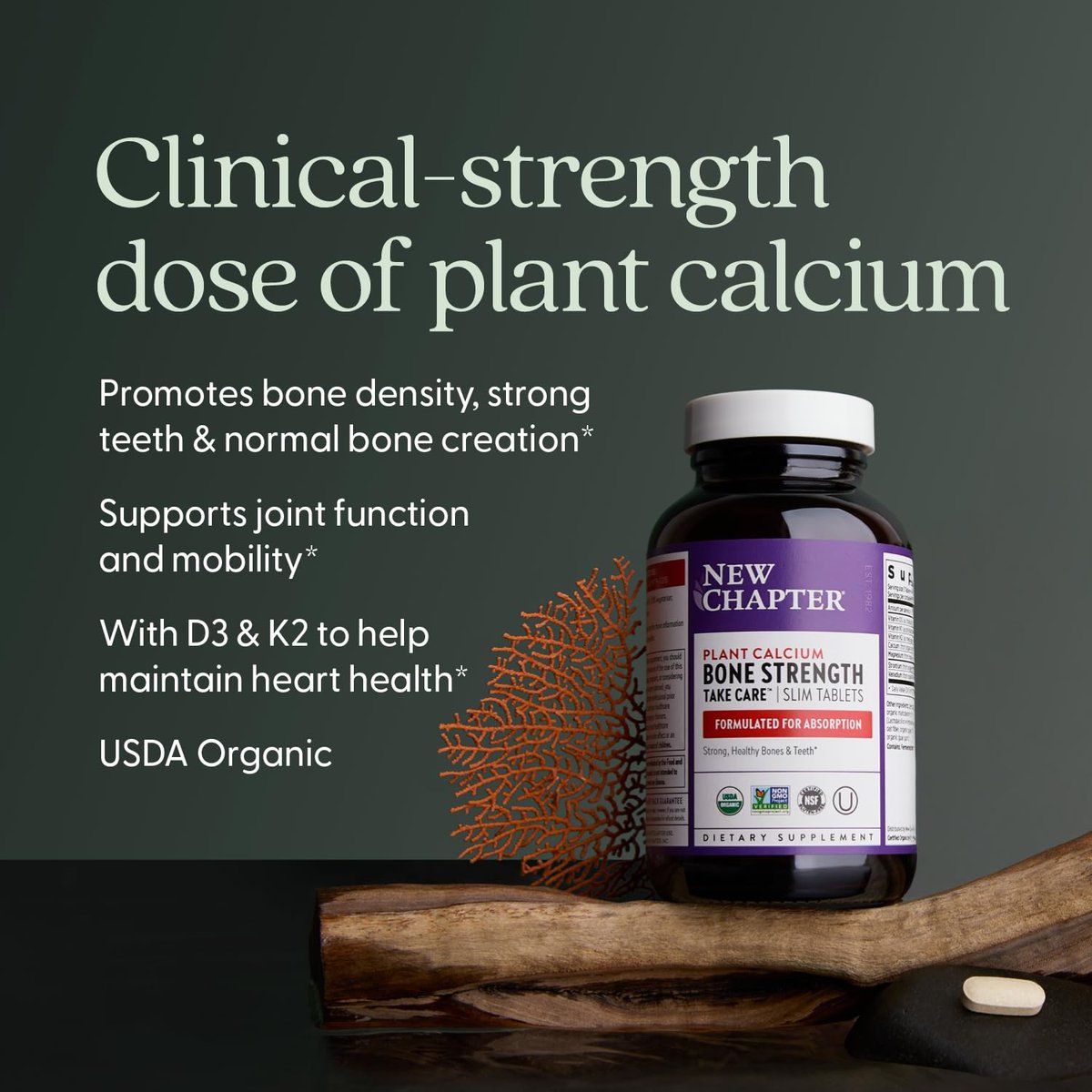New Chapter Calcium Supplement – Knochenstärke auf pflanzlicher Basis, USDA Bio, mit Magnesium, Vitamin D3+K2, für Knochengesundheit & Gelenkbeweglichkeit, Herzunterstützung, 905 mg Dosis – 60 schlanke Tabletten