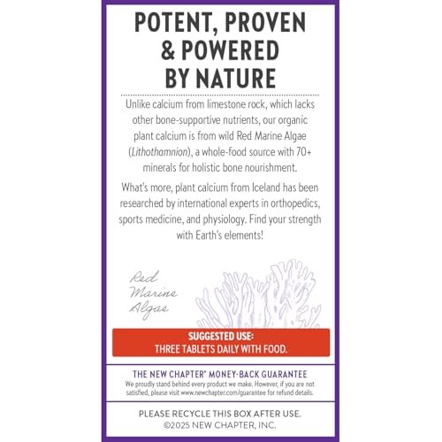 New Chapter Calcium Supplement – Knochenstärke auf pflanzlicher Basis, USDA Bio, mit Magnesium, Vitamin D3+K2, für Knochengesundheit & Gelenkbeweglichkeit, Herzunterstützung, 905 mg Dosis – 60 schlanke Tabletten
