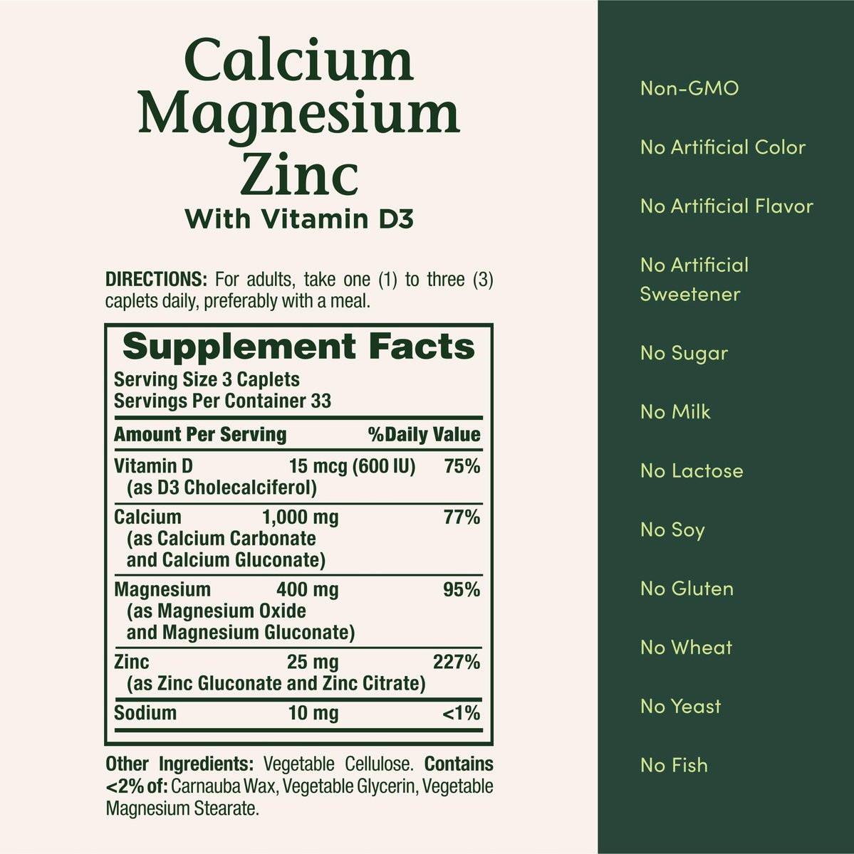Nature's Bounty Calcium Magnesium & Zink Kapseln, Immun- und Knochengesundheit, Tägliches Nahrungsergänzungsmittel, 1000 mg Calcium, 400 mg Magnesium, 600 IE Vitamin D, Glutenfrei, 100 Kapseln