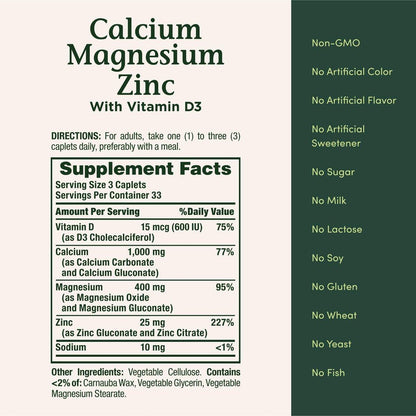 Nature's Bounty Calcium Magnesium & Zink Kapseln, Immun- und Knochengesundheit, Tägliches Nahrungsergänzungsmittel, 1000 mg Calcium, 400 mg Magnesium, 600 IE Vitamin D, Glutenfrei, 100 Kapseln