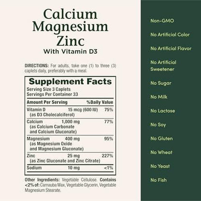 Nature's Bounty Calcium Magnesium & Zink Kapseln, Immun- und Knochengesundheit, Tägliches Nahrungsergänzungsmittel, 1000 mg Calcium, 400 mg Magnesium, 600 IE Vitamin D, Glutenfrei, 100 Kapseln