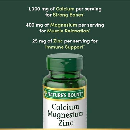 Nature's Bounty Calcium Magnesium & Zink Kapseln, Immun- und Knochengesundheit, Tägliches Nahrungsergänzungsmittel, 1000 mg Calcium, 400 mg Magnesium, 600 IE Vitamin D, Glutenfrei, 100 Kapseln