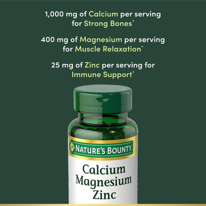 Nature's Bounty Calcium Magnesium & Zink Kapseln, Immun- und Knochengesundheit, Tägliches Nahrungsergänzungsmittel, 1000 mg Calcium, 400 mg Magnesium, 600 IE Vitamin D, Glutenfrei, 100 Kapseln
