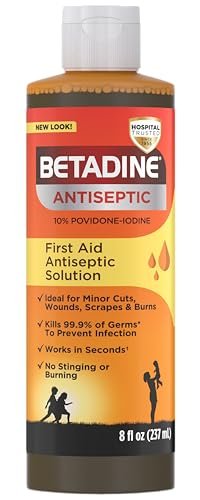 Betadine Antiseptische Erste-Hilfe-Lösung, Povidon-Iod 10%, Infektionsschutz, Keimtötend bei kleinen Schnitten, Schürfwunden und Verbrennungen, Ohne Brennen, Kein Alkohol oder Wasserstoffperoxid, 240 ml