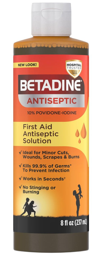 Betadine Antiseptische Erste-Hilfe-Lösung, Povidon-Iod 10%, Infektionsschutz, Keimtötend bei kleinen Schnitten, Schürfwunden und Verbrennungen, Ohne Brennen, Kein Alkohol oder Wasserstoffperoxid, 240 ml