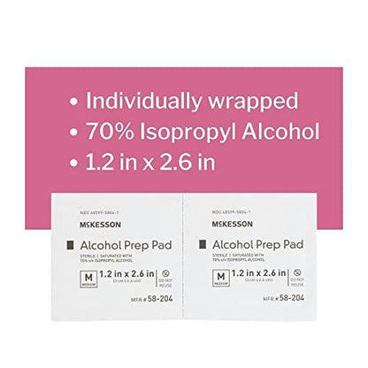 McKesson Alkoholtupfer, (200 Stück) – steril, einzeln verpackte Tücher, 70% Isopropylalkohol, mittlere Größe, 2-lagig, medizinische Qualität, Erste Hilfe, 1 Box
