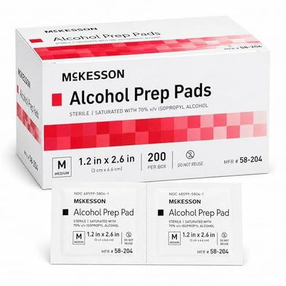 McKesson Alkoholtupfer, (200 Stück) – steril, einzeln verpackte Tücher, 70% Isopropylalkohol, mittlere Größe, 2-lagig, medizinische Qualität, Erste Hilfe, 1 Box