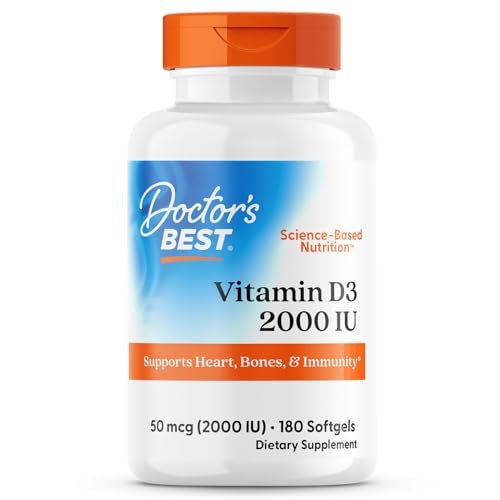Doctor's Best Vitamin D3 2000 IE Weichkapseln für Männer & Frauen – Vitamin-D-Präparat zur Unterstützung des Immunsystems und der Herzgesundheit, 50 µg pro Portion, Vit D 3, Non-GMO, glutenfrei, sojafrei – 180 Weichkapseln