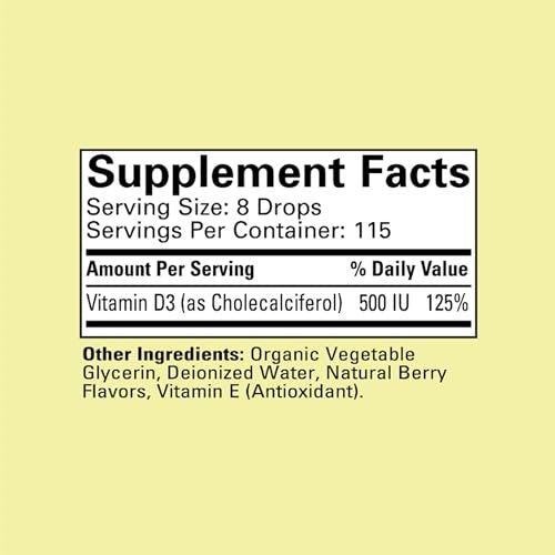 CHILDLIFE ESSENTIALS Baby Vitamin D3 Tropfen für Säuglinge, Kinder & Kleinkinder – Flüssige Vitamin-D-Tropfen, 500 IE pro Portion, Unterstützung für Immunsystem & Knochengesundheit, Natürlicher Beerengeschmack – 30 ml (1 Flasche)