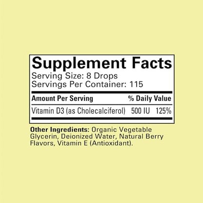 CHILDLIFE ESSENTIALS Baby Vitamin D3 Tropfen für Säuglinge, Kinder & Kleinkinder – Flüssige Vitamin-D-Tropfen, 500 IE pro Portion, Unterstützung für Immunsystem & Knochengesundheit, Natürlicher Beerengeschmack – 30 ml (1 Flasche)