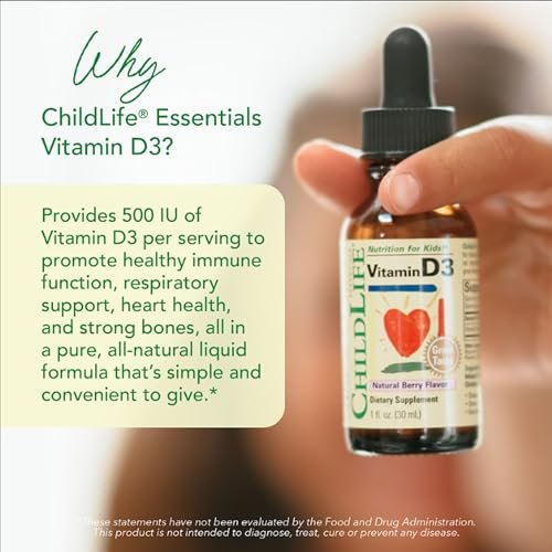 CHILDLIFE ESSENTIALS Baby Vitamin D3 Tropfen für Säuglinge, Kinder & Kleinkinder – Flüssige Vitamin-D-Tropfen, 500 IE pro Portion, Unterstützung für Immunsystem & Knochengesundheit, Natürlicher Beerengeschmack – 30 ml (1 Flasche)