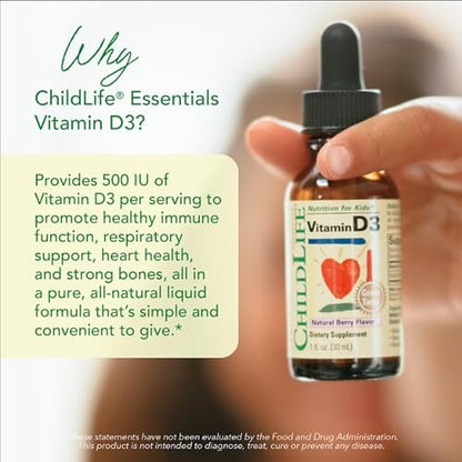 CHILDLIFE ESSENTIALS Baby Vitamin D3 Tropfen für Säuglinge, Kinder & Kleinkinder – Flüssige Vitamin-D-Tropfen, 500 IE pro Portion, Unterstützung für Immunsystem & Knochengesundheit, Natürlicher Beerengeschmack – 30 ml (1 Flasche)