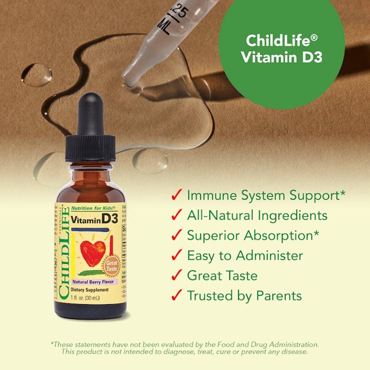CHILDLIFE ESSENTIALS Baby Vitamin D3 Tropfen für Säuglinge, Kinder & Kleinkinder – Flüssige Vitamin-D-Tropfen, 500 IE pro Portion, Unterstützung für Immunsystem & Knochengesundheit, Natürlicher Beerengeschmack – 30 ml (1 Flasche)