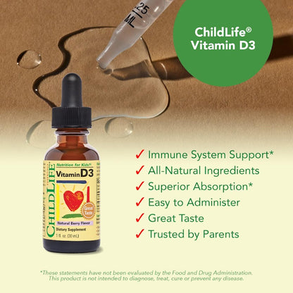 CHILDLIFE ESSENTIALS Baby Vitamin D3 Tropfen für Säuglinge, Kinder & Kleinkinder – Flüssige Vitamin-D-Tropfen, 500 IE pro Portion, Unterstützung für Immunsystem & Knochengesundheit, Natürlicher Beerengeschmack – 30 ml (1 Flasche)