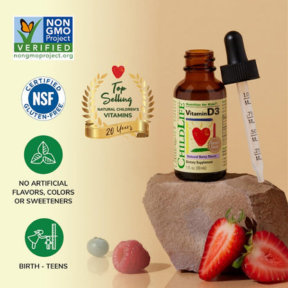 CHILDLIFE ESSENTIALS Baby Vitamin D3 Tropfen für Säuglinge, Kinder & Kleinkinder – Flüssige Vitamin-D-Tropfen, 500 IE pro Portion, Unterstützung für Immunsystem & Knochengesundheit, Natürlicher Beerengeschmack – 30 ml (1 Flasche)