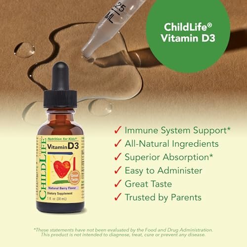 CHILDLIFE ESSENTIALS Baby Vitamin D3 Tropfen für Säuglinge, Kinder & Kleinkinder – Flüssige Vitamin-D-Tropfen, 500 IE pro Portion, Unterstützung für Immunsystem & Knochengesundheit, Natürlicher Beerengeschmack – 30 ml (1 Flasche)