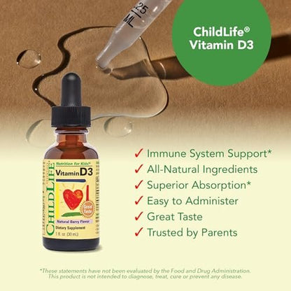 CHILDLIFE ESSENTIALS Baby Vitamin D3 Tropfen für Säuglinge, Kinder & Kleinkinder – Flüssige Vitamin-D-Tropfen, 500 IE pro Portion, Unterstützung für Immunsystem & Knochengesundheit, Natürlicher Beerengeschmack – 30 ml (1 Flasche)