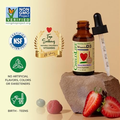CHILDLIFE ESSENTIALS Baby Vitamin D3 Tropfen für Säuglinge, Kinder & Kleinkinder – Flüssige Vitamin-D-Tropfen, 500 IE pro Portion, Unterstützung für Immunsystem & Knochengesundheit, Natürlicher Beerengeschmack – 30 ml (1 Flasche)