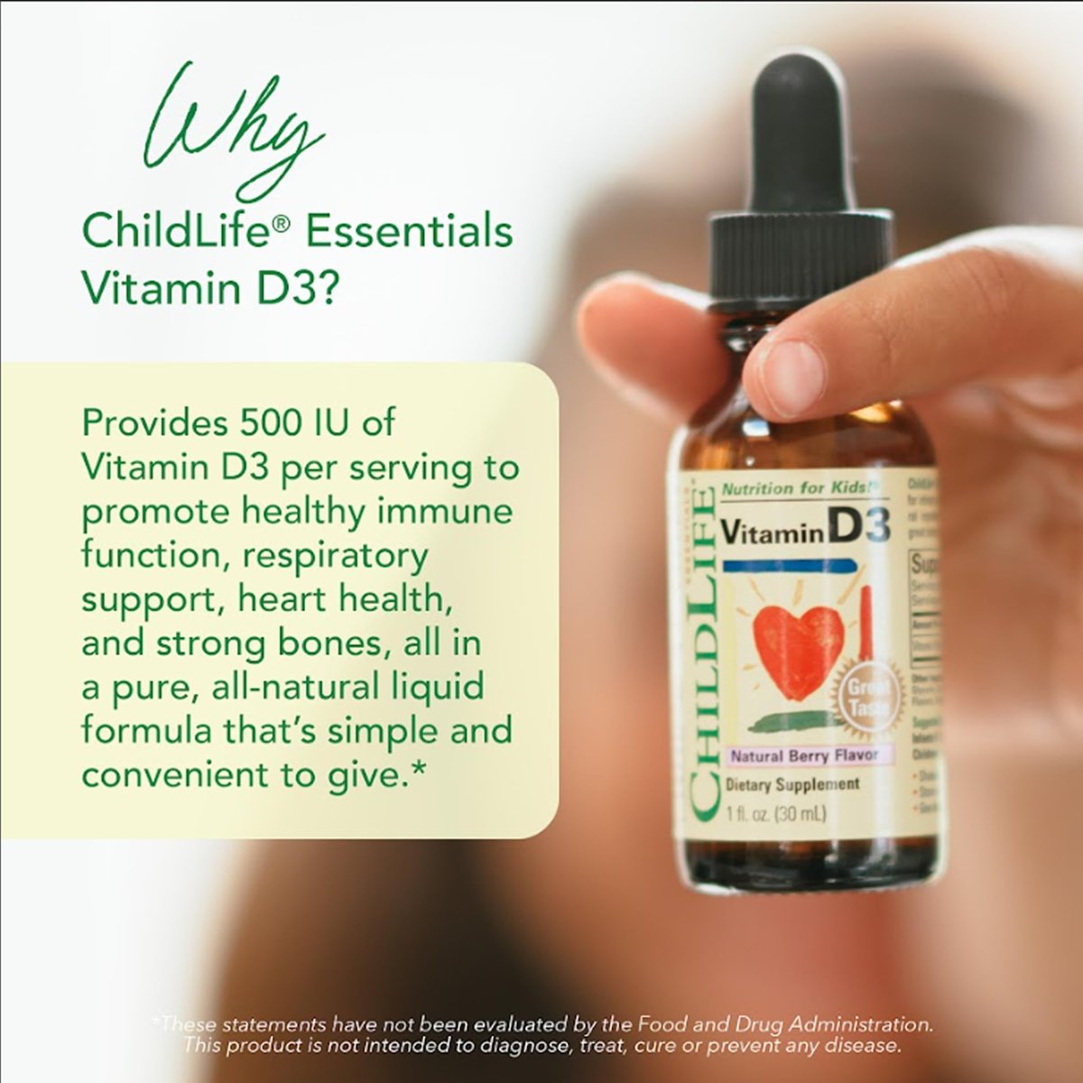CHILDLIFE ESSENTIALS Baby Vitamin D3 Tropfen für Säuglinge, Kinder & Kleinkinder – Flüssige Vitamin-D-Tropfen, 500 IE pro Portion, Unterstützung für Immunsystem & Knochengesundheit, Natürlicher Beerengeschmack – 30 ml (1 Flasche)