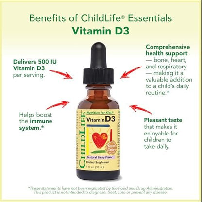CHILDLIFE ESSENTIALS Baby Vitamin D3 Tropfen für Säuglinge, Kinder & Kleinkinder – Flüssige Vitamin-D-Tropfen, 500 IE pro Portion, Unterstützung für Immunsystem & Knochengesundheit, Natürlicher Beerengeschmack – 30 ml (1 Flasche)