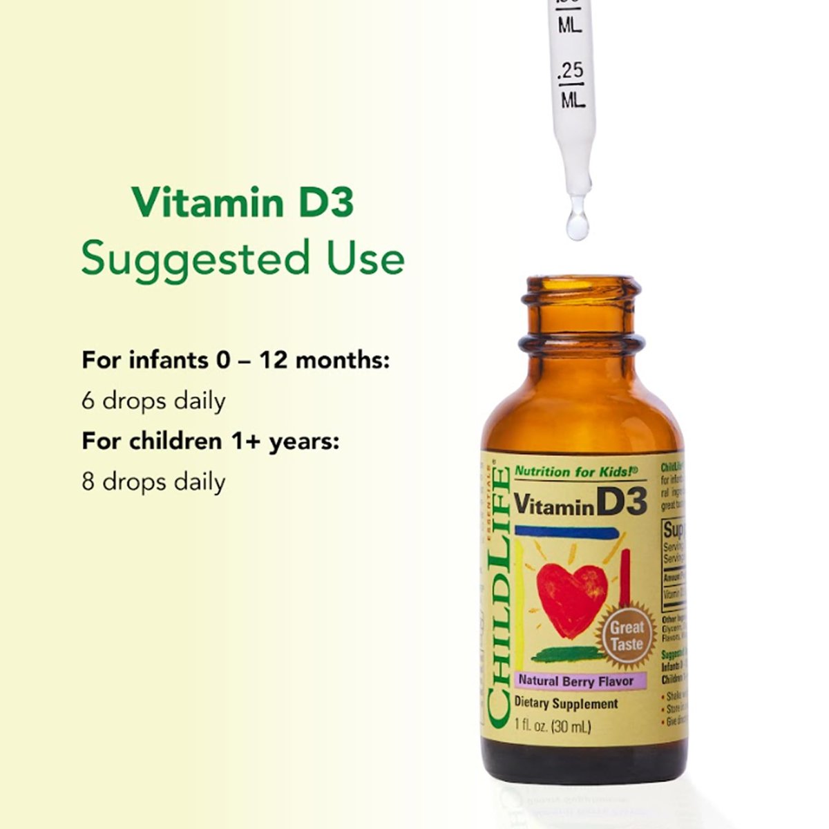 CHILDLIFE ESSENTIALS Baby Vitamin D3 Tropfen für Säuglinge, Kinder & Kleinkinder – Flüssige Vitamin-D-Tropfen, 500 IE pro Portion, Unterstützung für Immunsystem & Knochengesundheit, Natürlicher Beerengeschmack – 30 ml (1 Flasche)