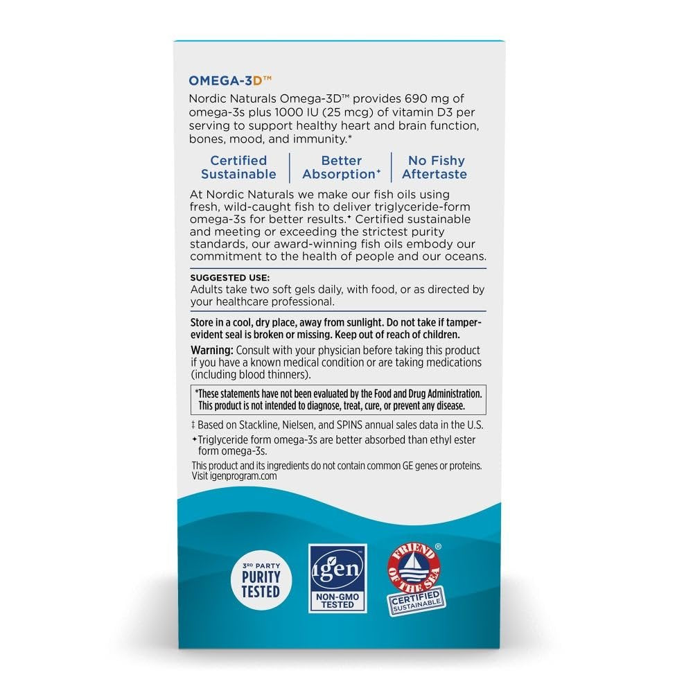 Nordic Naturals Omega-3D, Zitronengeschmack - 60 Weichkapseln - 690 mg Omega-3 + 1000 IE Vitamin D3 - Fischöl - EPA & DHA - Immunsystem, Gehirn- & Herzgesundheit, Gesunde Knochen - Non-GMO