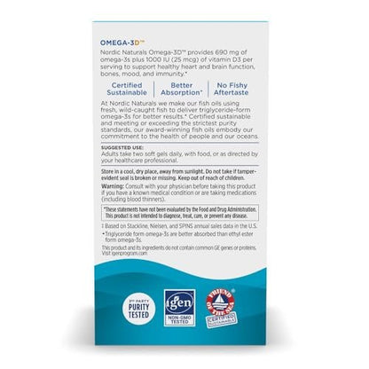 Nordic Naturals Omega-3D, Zitronengeschmack - 60 Weichkapseln - 690 mg Omega-3 + 1000 IE Vitamin D3 - Fischöl - EPA & DHA - Immunsystem, Gehirn- & Herzgesundheit, Gesunde Knochen - Non-GMO