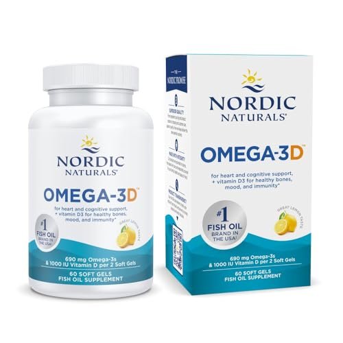 Nordic Naturals Omega-3D, Zitronengeschmack - 60 Weichkapseln - 690 mg Omega-3 + 1000 IE Vitamin D3 - Fischöl - EPA & DHA - Immunsystem, Gehirn- & Herzgesundheit, Gesunde Knochen - Non-GMO
