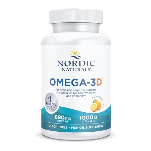 Nordic Naturals Omega-3D, Zitronengeschmack - 60 Weichkapseln - 690 mg Omega-3 + 1000 IE Vitamin D3 - Fischöl - EPA & DHA - Immunsystem, Gehirn- & Herzgesundheit, Gesunde Knochen - Non-GMO