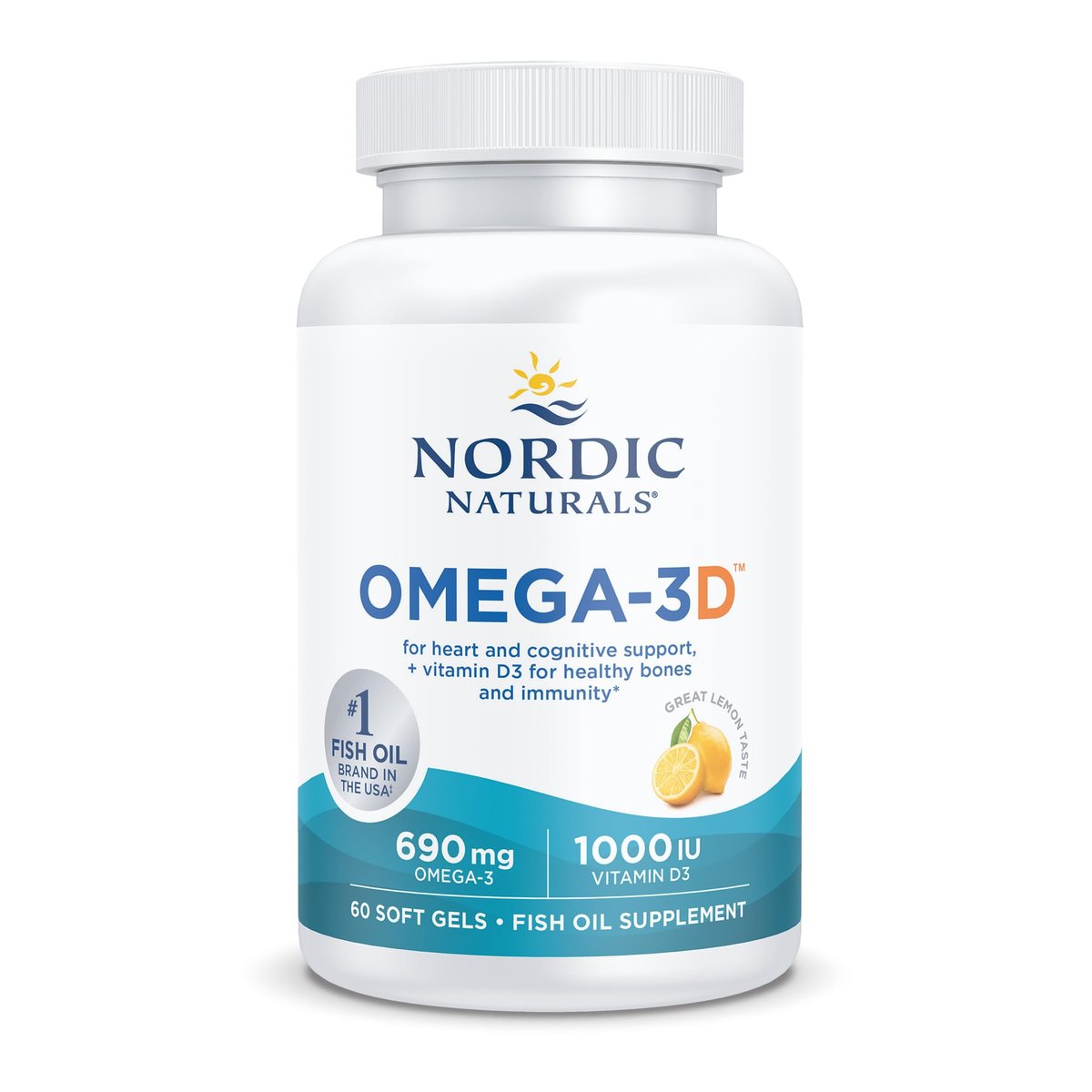 Nordic Naturals Omega-3D, Zitronengeschmack - 60 Weichkapseln - 690 mg Omega-3 + 1000 IE Vitamin D3 - Fischöl - EPA & DHA - Immunsystem, Gehirn- & Herzgesundheit, Gesunde Knochen - Non-GMO