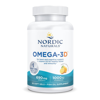 Nordic Naturals Omega-3D, Zitronengeschmack - 60 Weichkapseln - 690 mg Omega-3 + 1000 IE Vitamin D3 - Fischöl - EPA & DHA - Immunsystem, Gehirn- & Herzgesundheit, Gesunde Knochen - Non-GMO