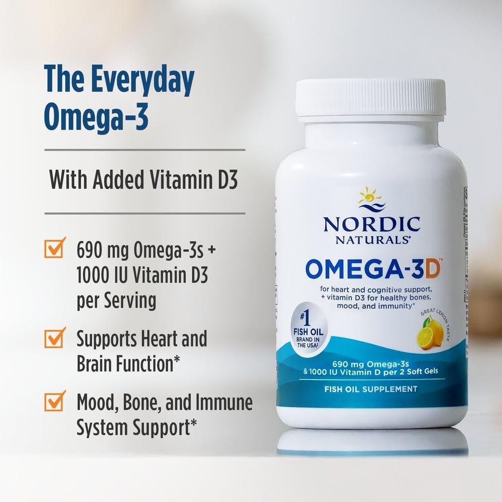 Nordic Naturals Omega-3D, Zitronengeschmack - 60 Weichkapseln - 690 mg Omega-3 + 1000 IE Vitamin D3 - Fischöl - EPA & DHA - Immunsystem, Gehirn- & Herzgesundheit, Gesunde Knochen - Non-GMO