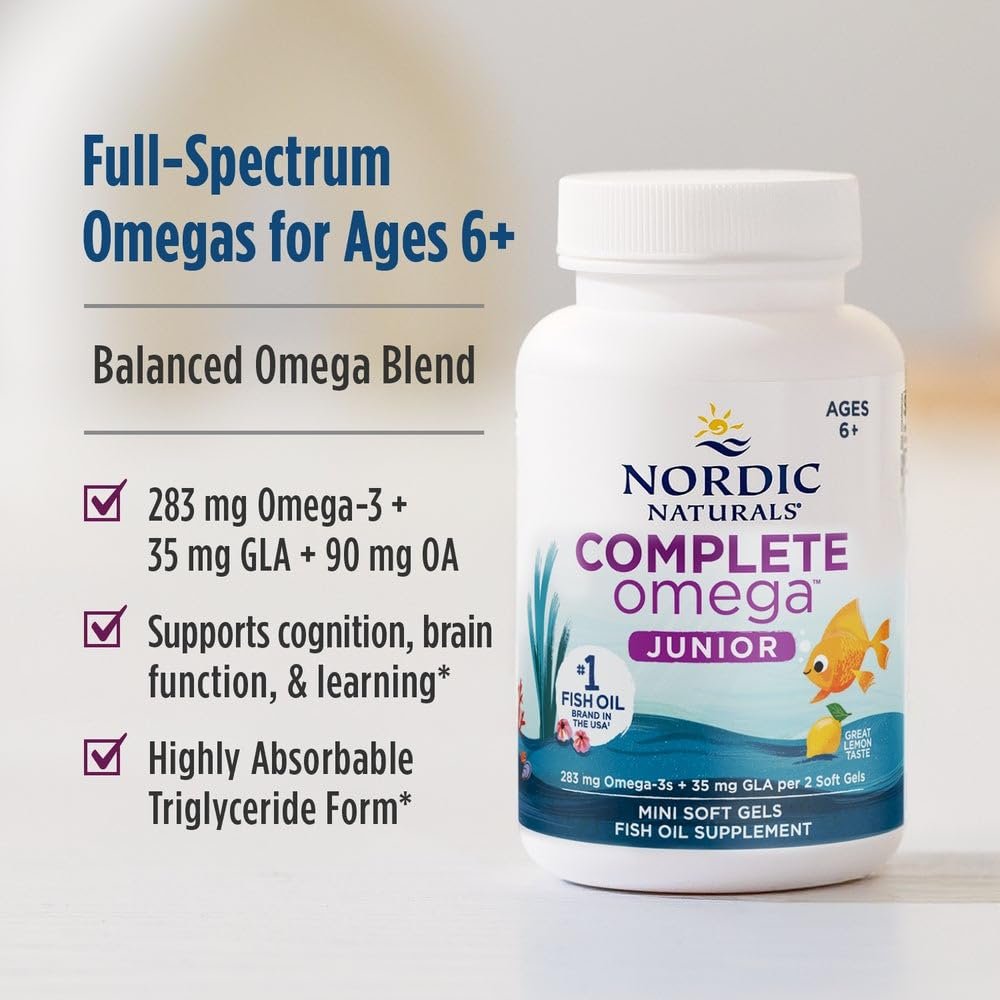 Nordic Naturals Complete Omega Jr., Zitrone - 90 Mini-Weichkapseln - 283 mg Omega-3 & 35 mg GLA - Unterstützt gesunde Kognition und Nervensystemfunktion - Non-GMO - 45 Portionen