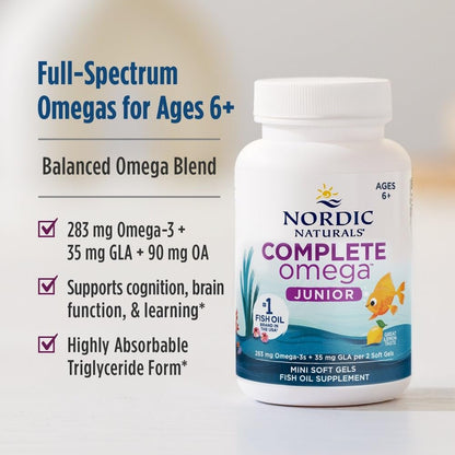 Nordic Naturals Complete Omega Jr., Zitrone - 90 Mini-Weichkapseln - 283 mg Omega-3 & 35 mg GLA - Unterstützt gesunde Kognition und Nervensystemfunktion - Non-GMO - 45 Portionen