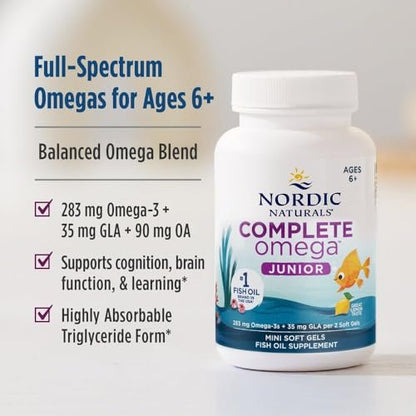 Nordic Naturals Complete Omega Jr., Zitrone - 90 Mini-Weichkapseln - 283 mg Omega-3 & 35 mg GLA - Unterstützt gesunde Kognition und Nervensystemfunktion - Non-GMO - 45 Portionen