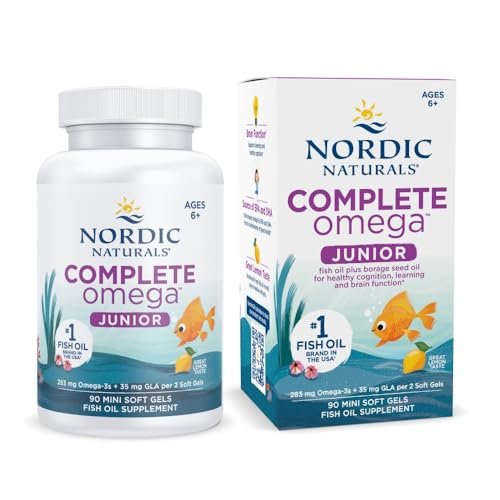 Nordic Naturals Complete Omega Jr., Zitrone - 90 Mini-Weichkapseln - 283 mg Omega-3 & 35 mg GLA - Unterstützt gesunde Kognition und Nervensystemfunktion - Non-GMO - 45 Portionen