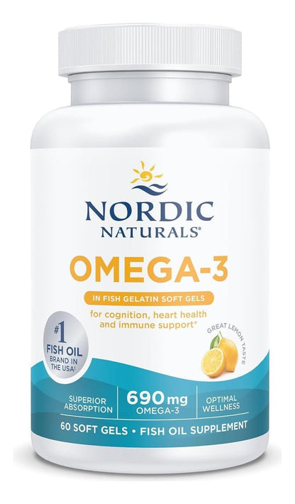 Nordic Naturals Omega-3 in Fischgelatine, Zitronengeschmack - 60 Fischgele - 690 mg Omega-3 - Fischöl - EPA & DHA - Immununterstützung, Gehirn- & Herzgesundheit, optimales Wohlbefinden - Nicht-GVO - 30 Portionen