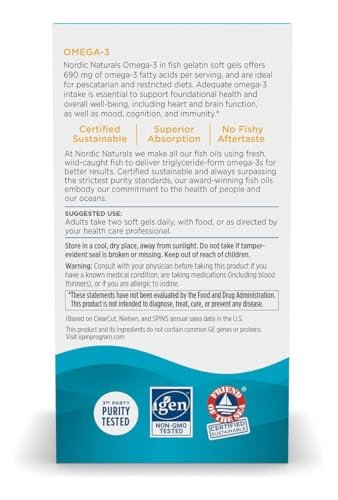 Nordic Naturals Omega-3 in Fischgelatine, Zitronengeschmack - 60 Fischgele - 690 mg Omega-3 - Fischöl - EPA & DHA - Immununterstützung, Gehirn- & Herzgesundheit, optimales Wohlbefinden - Nicht-GVO - 30 Portionen