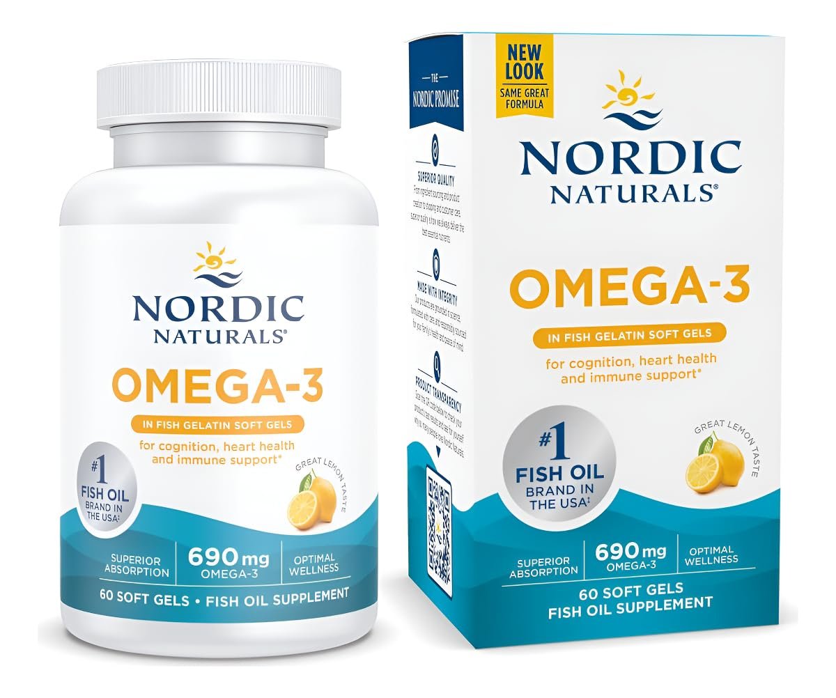 Nordic Naturals Omega-3 in Fischgelatine, Zitronengeschmack - 60 Fischgele - 690 mg Omega-3 - Fischöl - EPA & DHA - Immununterstützung, Gehirn- & Herzgesundheit, optimales Wohlbefinden - Nicht-GVO - 30 Portionen