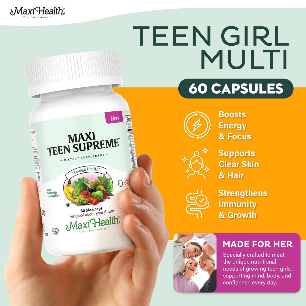Teen Vitamine für Mädchen 12-17 – Teen Multivitamin Supreme mit Vitamin D3, Eisen, Calcium, Biotin, Verdauungsenzymen – Multivitamin für Teenager-Mädchen für Energie, Immunsystem & Stimmungsunterstützung – 60 Kapseln