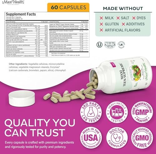 Teen Vitamine für Mädchen 12-17 – Teen Multivitamin Supreme mit Vitamin D3, Eisen, Calcium, Biotin, Verdauungsenzymen – Multivitamin für Teenager-Mädchen für Energie, Immunsystem & Stimmungsunterstützung – 60 Kapseln