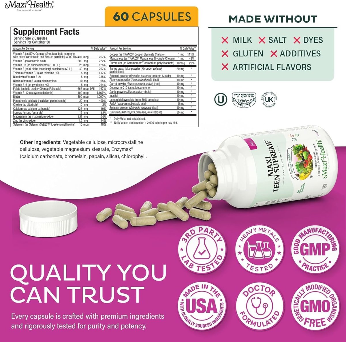 Teen Vitamine für Mädchen 12-17 – Teen Multivitamin Supreme mit Vitamin D3, Eisen, Calcium, Biotin, Verdauungsenzymen – Multivitamin für Teenager-Mädchen für Energie, Immunsystem & Stimmungsunterstützung – 60 Kapseln