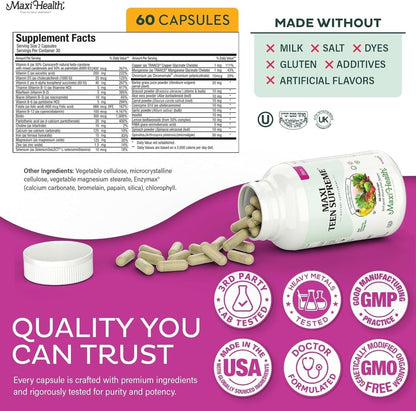 Teen Vitamine für Mädchen 12-17 – Teen Multivitamin Supreme mit Vitamin D3, Eisen, Calcium, Biotin, Verdauungsenzymen – Multivitamin für Teenager-Mädchen für Energie, Immunsystem & Stimmungsunterstützung – 60 Kapseln