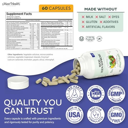 Teen Multivitamin Supreme für Jungen 12-17 – Multivitamin für Teenager mit Vitamin D3, Eisen, Calcium, Biotin, Verdauungsenzymen – 60 Kapseln