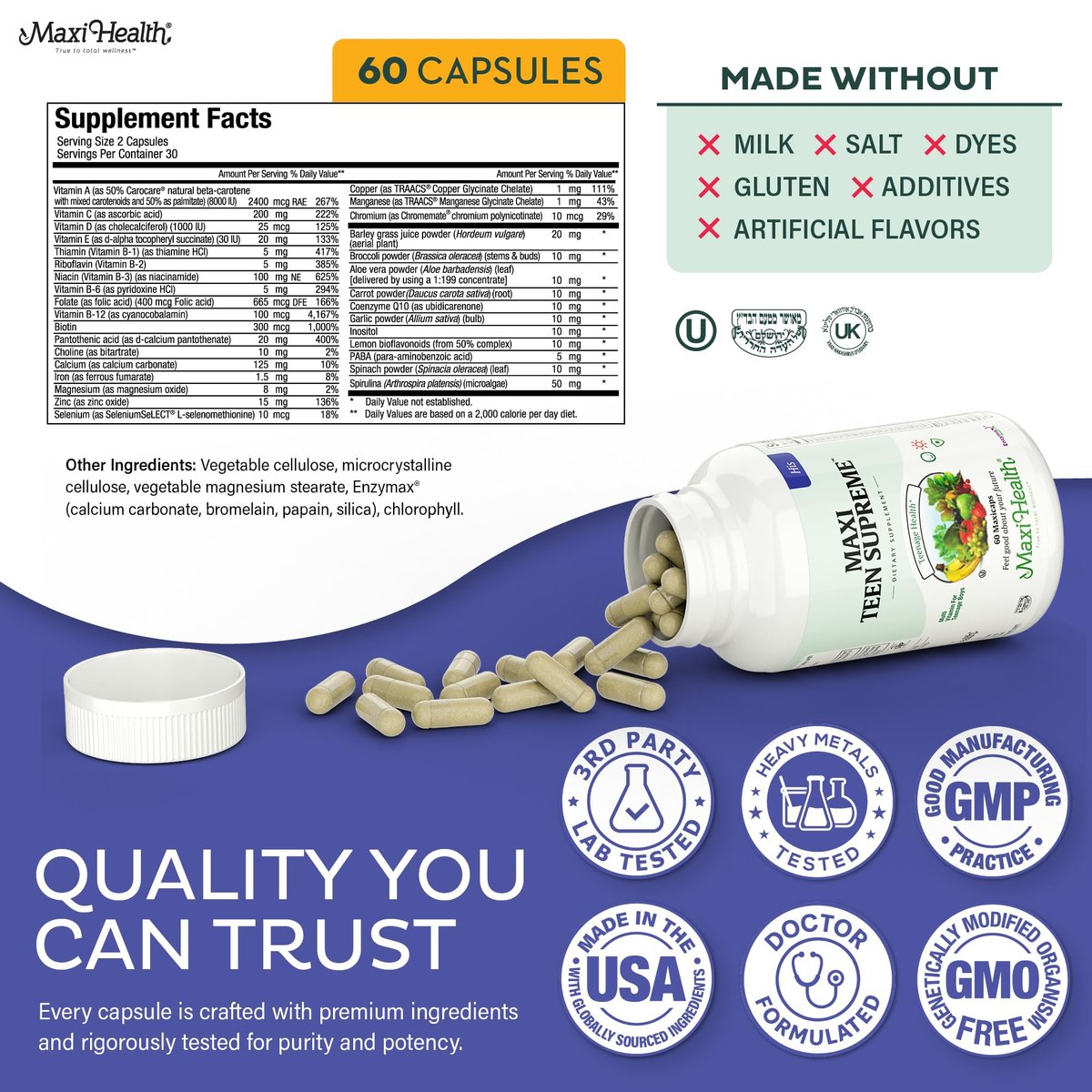 Teen Multivitamin Supreme für Jungen 12-17 – Multivitamin für Teenager mit Vitamin D3, Eisen, Calcium, Biotin, Verdauungsenzymen – 60 Kapseln