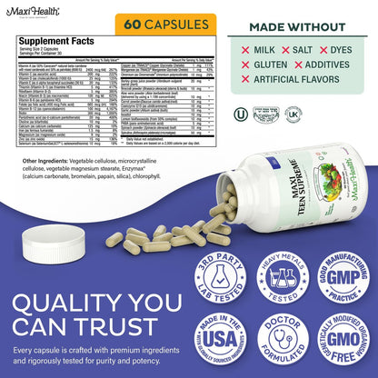 Teen Multivitamin Supreme für Jungen 12-17 – Multivitamin für Teenager mit Vitamin D3, Eisen, Calcium, Biotin, Verdauungsenzymen – 60 Kapseln
