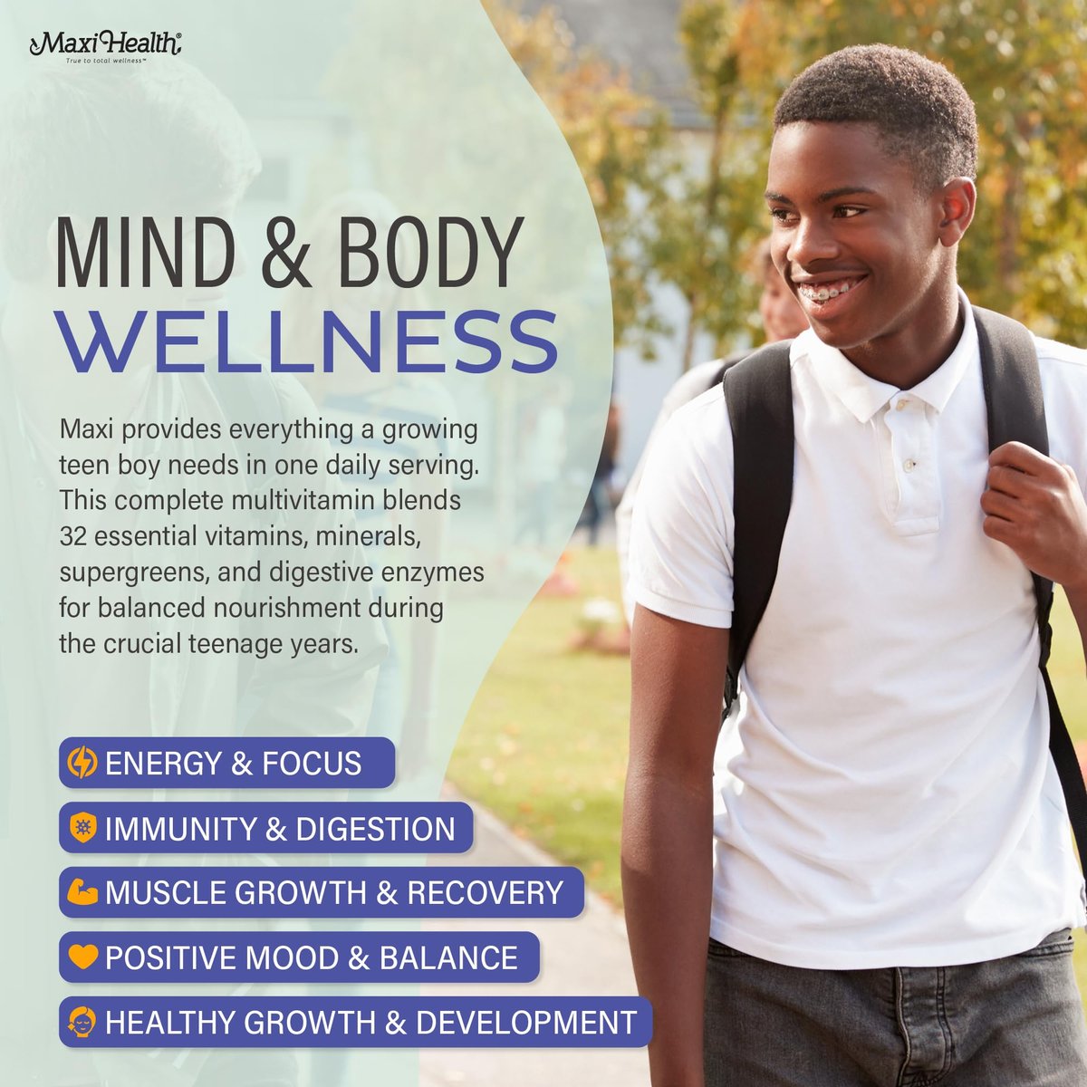 Teen Multivitamin Supreme für Jungen 12-17 – Multivitamin für Teenager mit Vitamin D3, Eisen, Calcium, Biotin, Verdauungsenzymen – 60 Kapseln