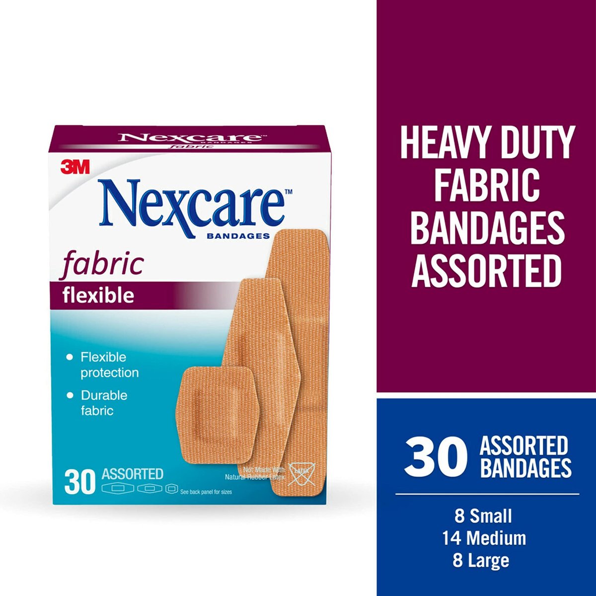 Nexcare Heavy Duty Flexible Fabric Pflaster, gemischte Größen, 30 Stück, latexfrei, strapazierfähige Wundversorgung