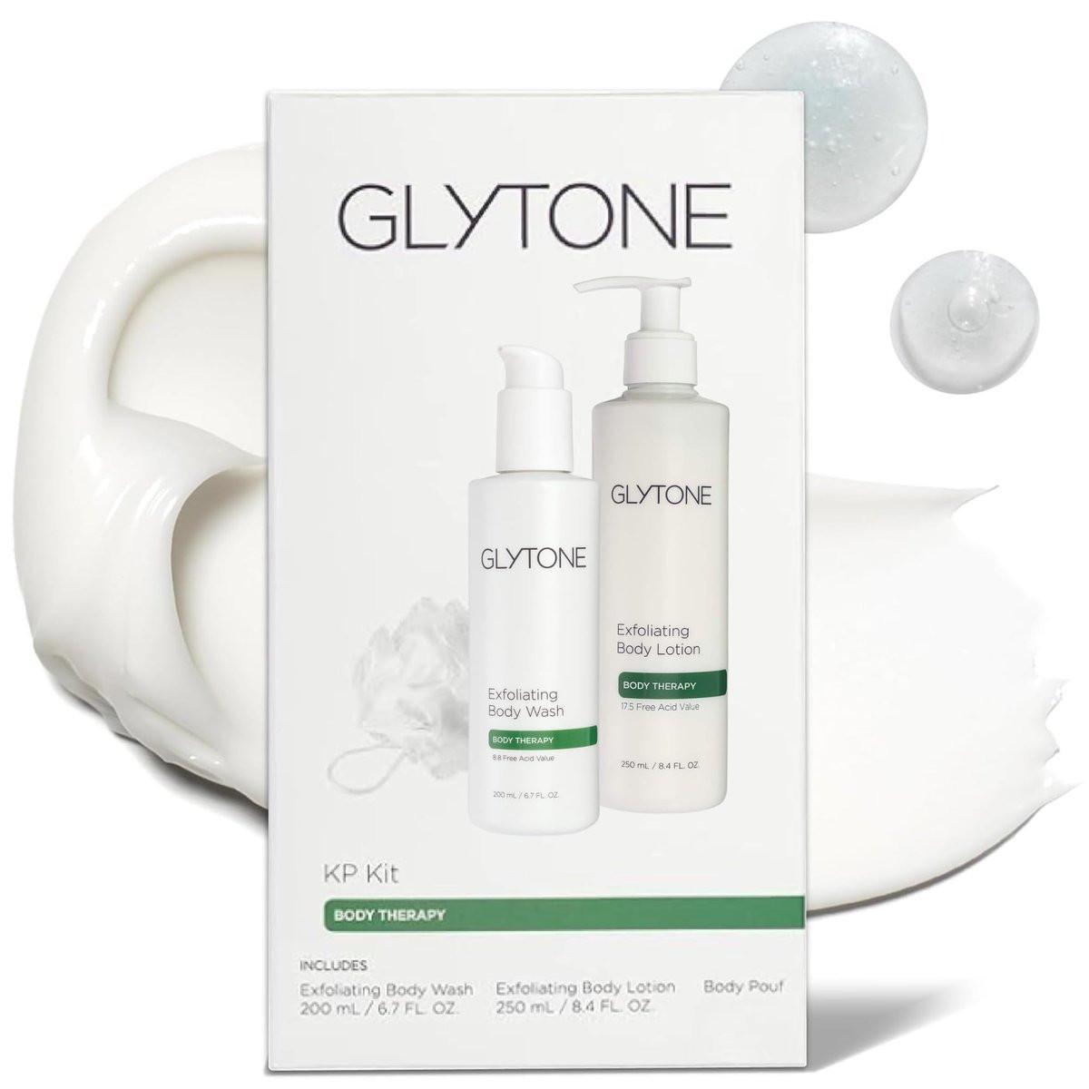 Glytone KP Kit – Peeling-Duschgel, Glykolsäure-Lotion & Duschpouf für Keratosis Pilaris – Glatte raue, holprige Haut, parfümfreie Hautpflege-Routine für trockene Haut & Hühnerhaut – Komplett-Set